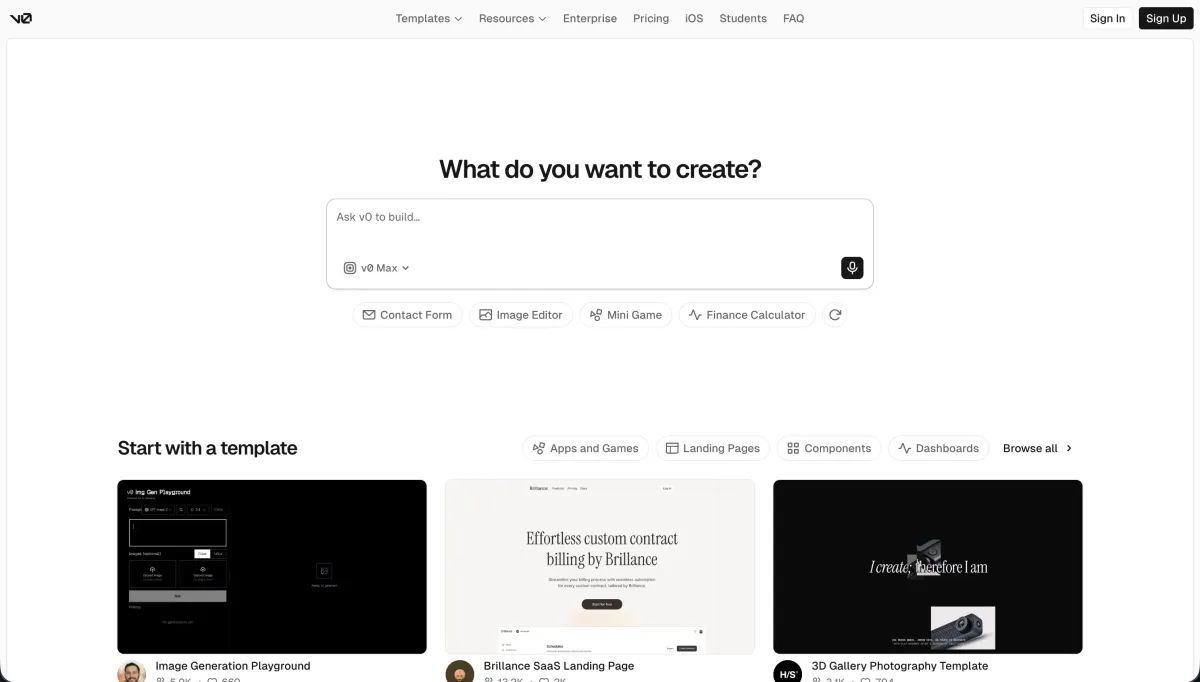 v0 homepage
