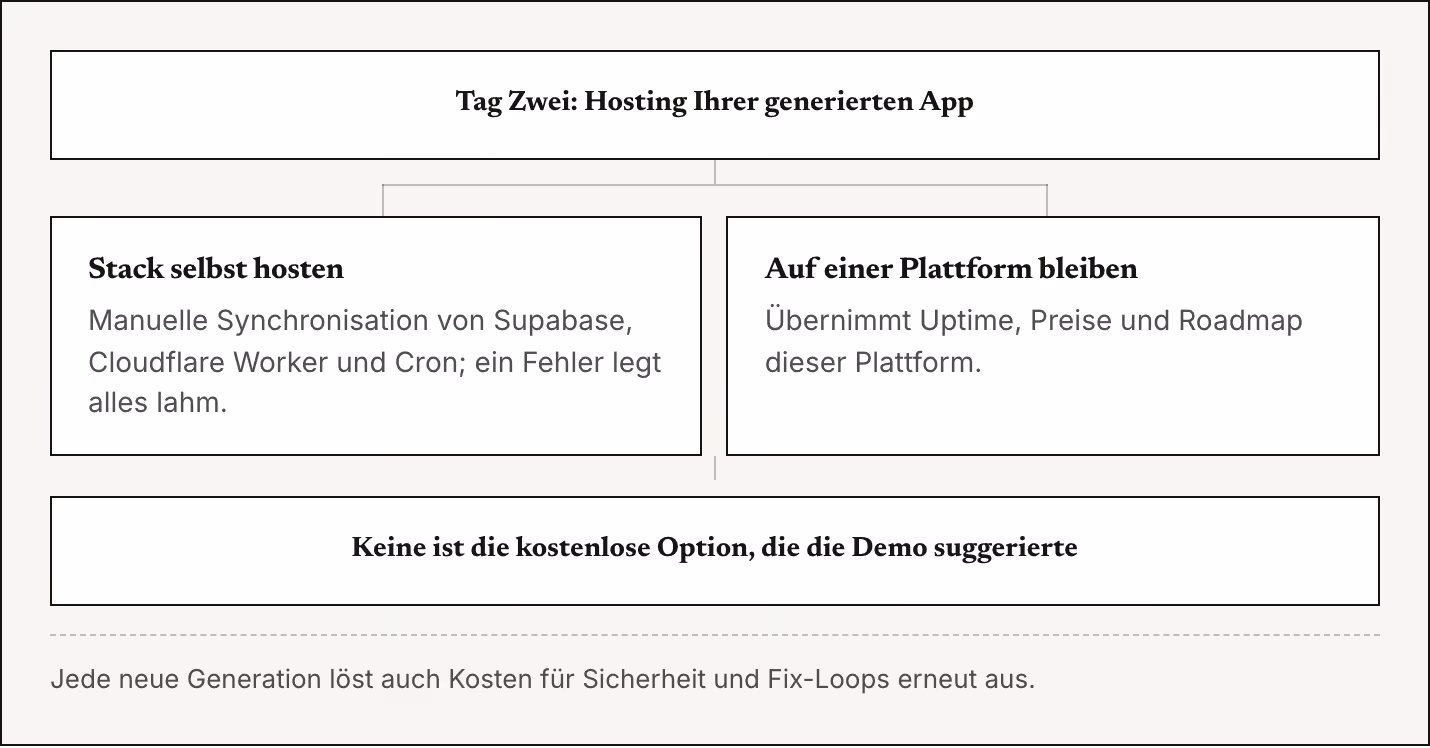 Tag Zwei: Hosting Ihrer generierten App Stack selbst hosten Manuelle Synchronisation von Supabase, Cloudflare Worker und Cron; ein Fehler legt alles lahm. Auf einer Plattform bleiben Übernimmt Uptime, Preise und Roadmap dieser Plattform. Keine ist…