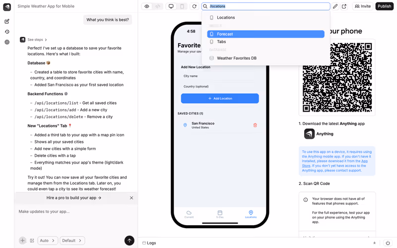 Anything builder overview with chat, preview and project panels