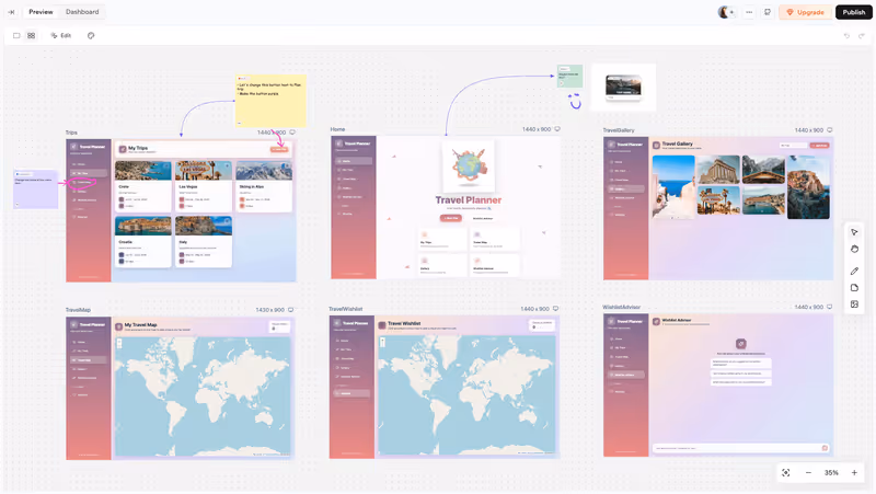 Canvas with multiple app page frames on an infinite board