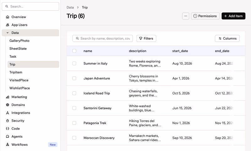 Data page table with records and fields