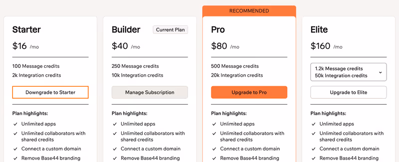 Plan picker with Base44 pricing tiers