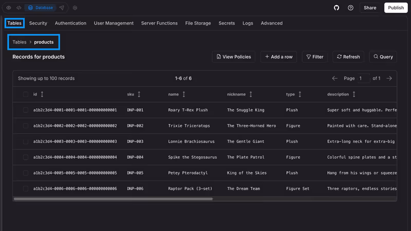 Bolt Cloud database table with records