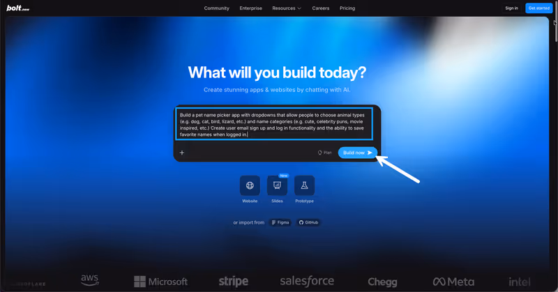 Bolt home page with a prompt in the chatbox