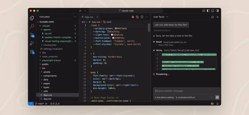 Claude Code panel inside VS Code with chat and file context
