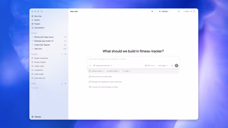 Codex desktop app (macOS) with project sidebar, thread list and review pane