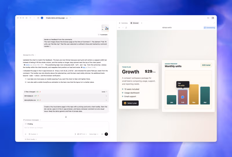 Codex in-app browser with a comment on a local web app preview