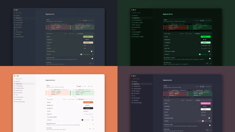 Codex app theme settings with custom themes and fonts