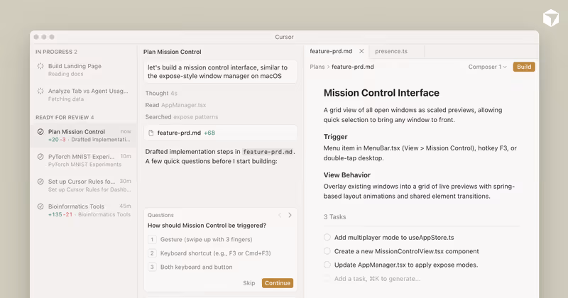 Cursor product page hero image showing the editor with agent