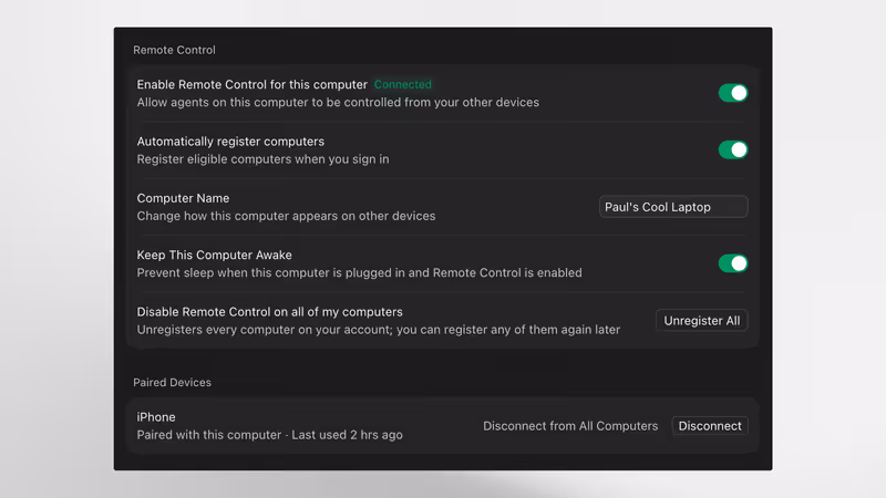 Remote control of local agents from another device