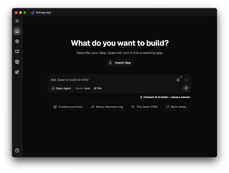 Dyad home screen for starting a new app