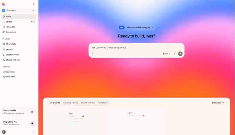 Lovable home dashboard with the prompt box and project list (docs welcome page)