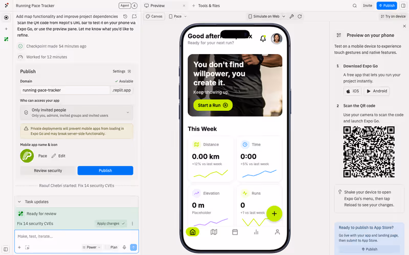 Mobile app screen preview in Replit