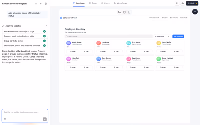 Softr AI Co-Builder adding a kanban board of projects to an app, with each applied update listed