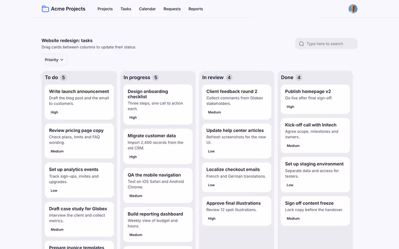 Task board app built with Softr: a kanban of tasks grouped by status