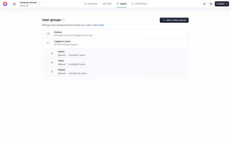 Softr user groups: visitors, logged-in users and custom groups for admins, team and clients