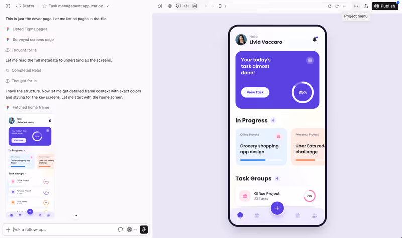 v0 reading Figma frames while building a task management app