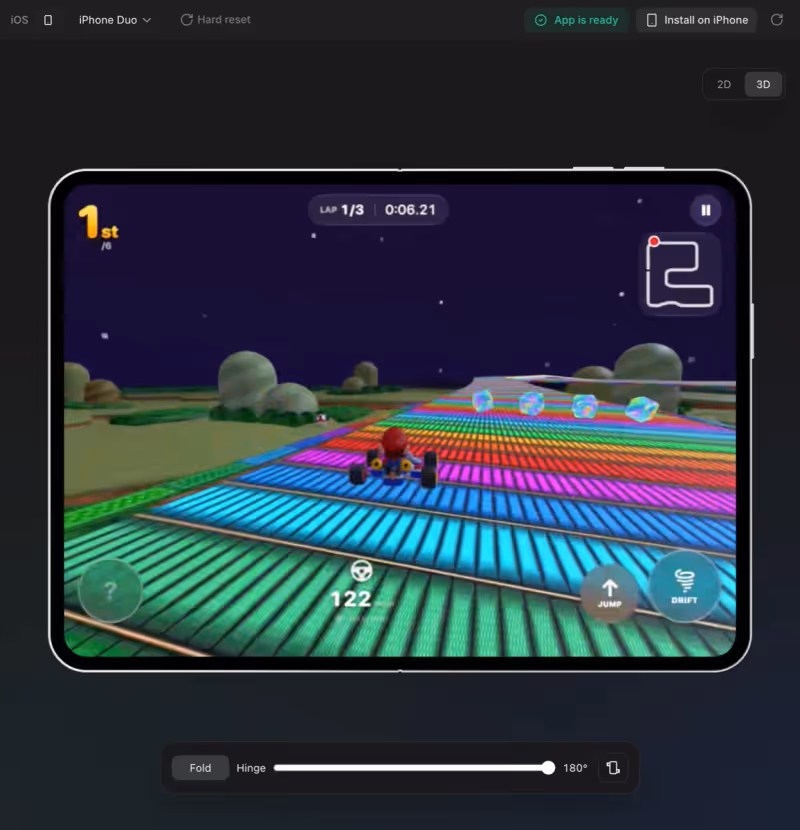 Native Swift 3D kart game running in the Vibecode iOS simulator